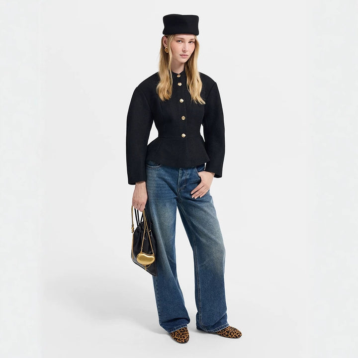 Women's tailored jacket with peplum hem, structured woven quality and decorative buttons Mune Fashion