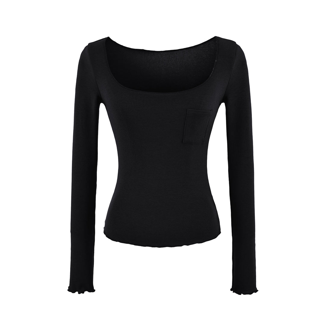 Women's fitted ribbed long-sleeve shirt with wide square neckline and chest pocket Mune Fashion
