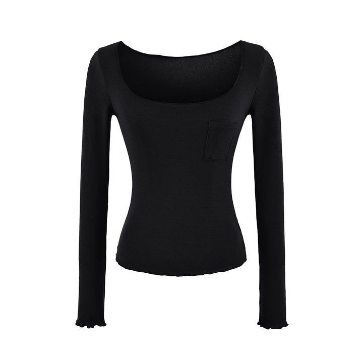Women's fitted ribbed long-sleeve shirt with wide square neckline and chest pocket Mune Fashion