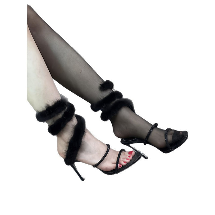 Women's Fluffy Stiletto Sandals with Multi-Row Plush Straps and Fine Toe Strap Mune Fashion
