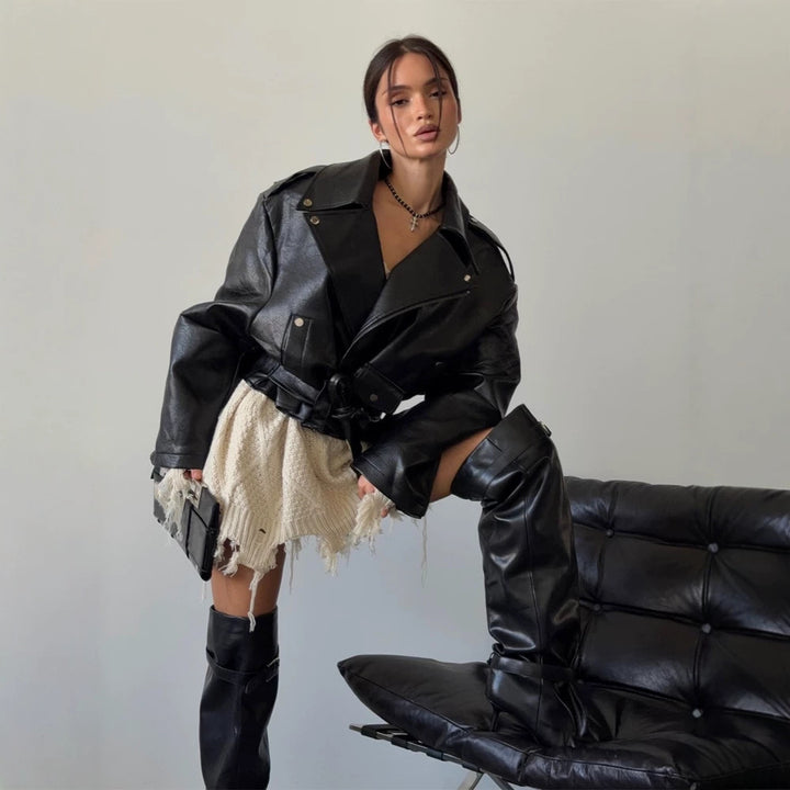 Women's Oversized Biker Jacket made of vegan leather imitation with waist belt & epaulettes Mune Fashion