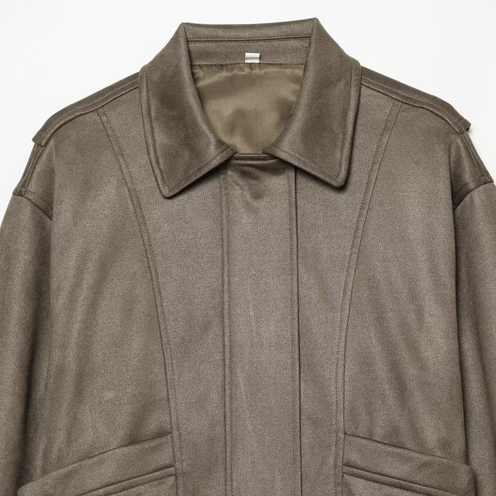 Women's Oversized Bomber Jacket in Vintage Velour Look with Kent Collar, Patch Pockets and Elastic Hem Mune Fashion