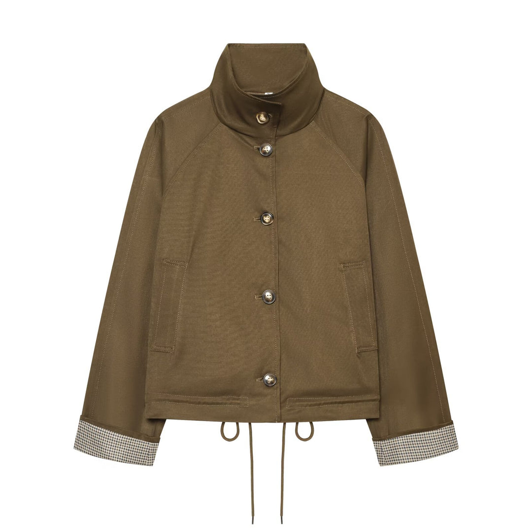 Women's short jacket with high stand-up collar, drawstring hem and contrasting checkered cuffs Mune Fashion