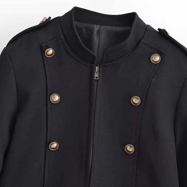 Women's short blazer in military look with stand-up collar, decorative button row and zipper Mune Fashion