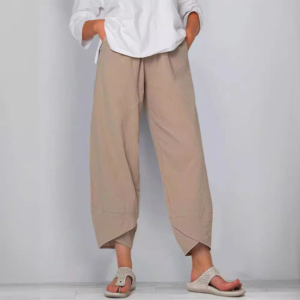 Women's wide-cut linen pants with tulip hem and elastic waistband Mune Fashion