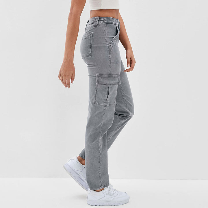 Women's High-Waisted Denim Cargo Pants with Straight Leg and Multiple Pockets Mune Fashion
