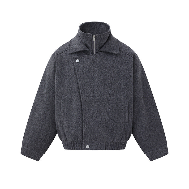 Men's Boxy Wool Blend Blouson Jacket with Asymmetric Double Fastening and High Stand-Up Collar Mune Fashion