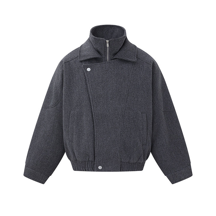 Men's Boxy Wool Blend Blouson Jacket with Asymmetric Double Fastening and High Stand-Up Collar Mune Fashion