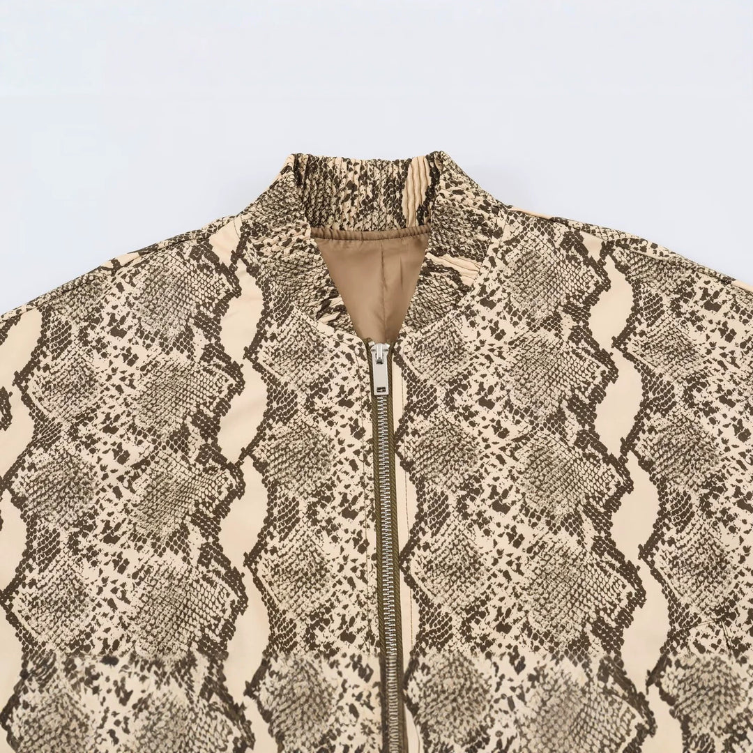 Women's Lightweight Bomber Jacket with Snake Print, Zipper and Elastic Hem