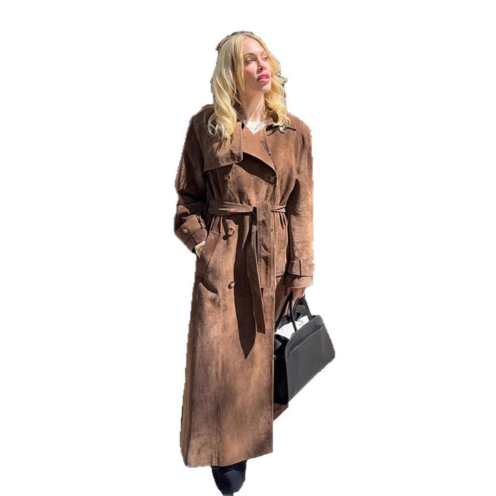 Women Maxi Long Suede Trench Coat with Tied Belt Mune Fashion
