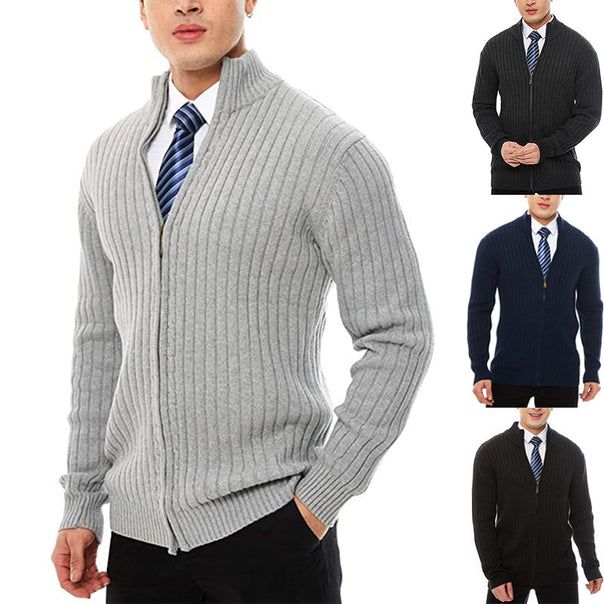 Men's fine-knit cardigan with full-length zipper, stand-up collar, and distinctive ribbed texture Mune Fashion