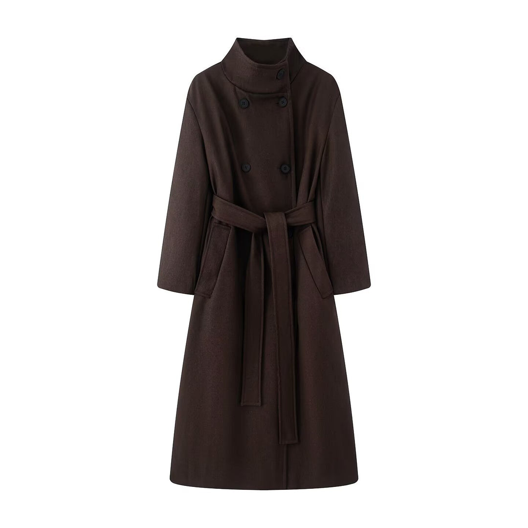 Women oversized wool blend coat with stand-up collar and tie belt Mune Fashion