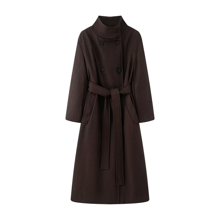 Women oversized wool blend coat with stand-up collar and tie belt Mune Fashion
