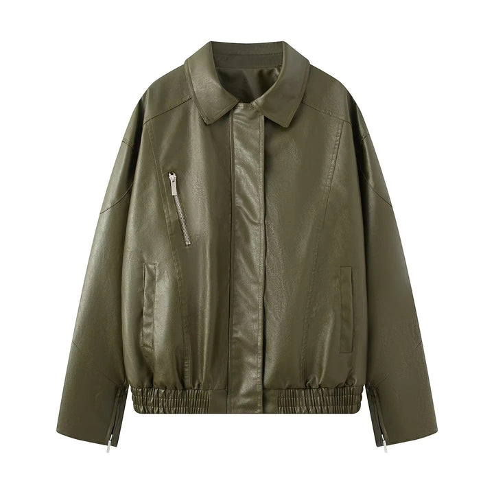 Women nan oversized faux leather bomber jacket with elastic hem and angled zip pocket Mune Fashion