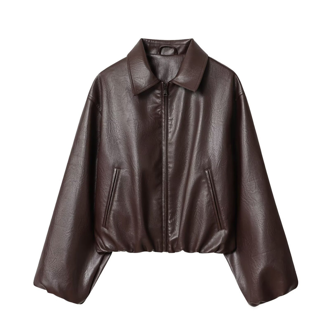Women's short jacket in boxy look made of vegan leather with concealed zipper Mune Fashion