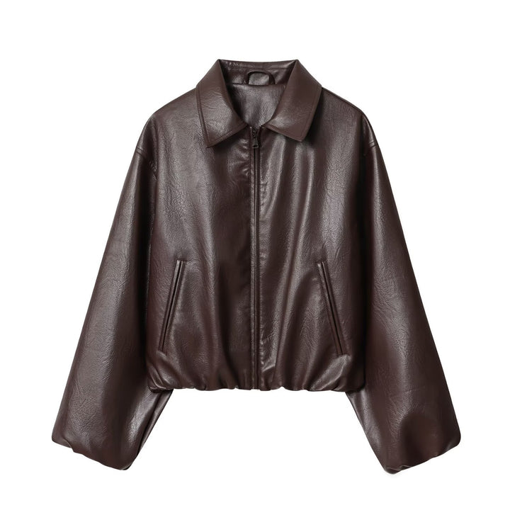 Women's short jacket in boxy look made of vegan leather with concealed zipper Mune Fashion