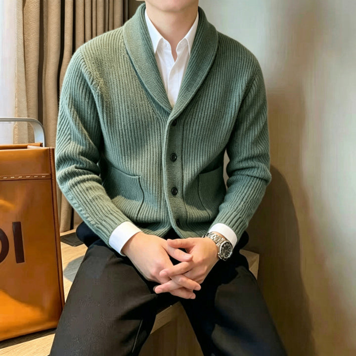 Men's shawl collar knitted cardigan with ribbed texture, button placket, and patch pockets Mune Fashion