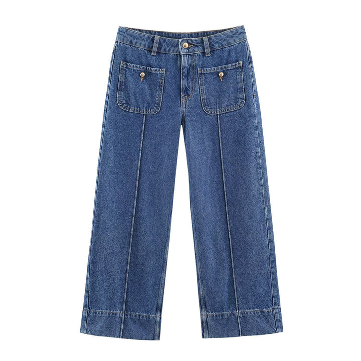 Women's Loose High-Waist Jeans with Attached Front Pockets and Edge Stitching Drune
