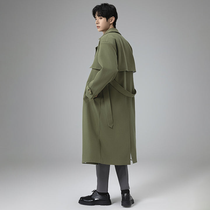 Men's trench coat in minimalist double-breasted design with wide shawl collar and waist belt Mune Fashion