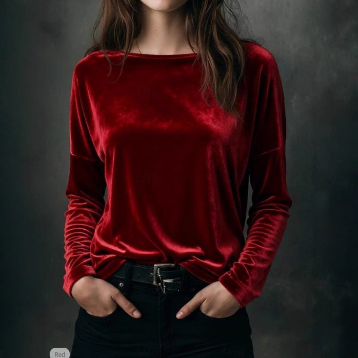 Women's fine velour long-sleeve shirt with boat neckline and boxy silhouette Mune Fashion