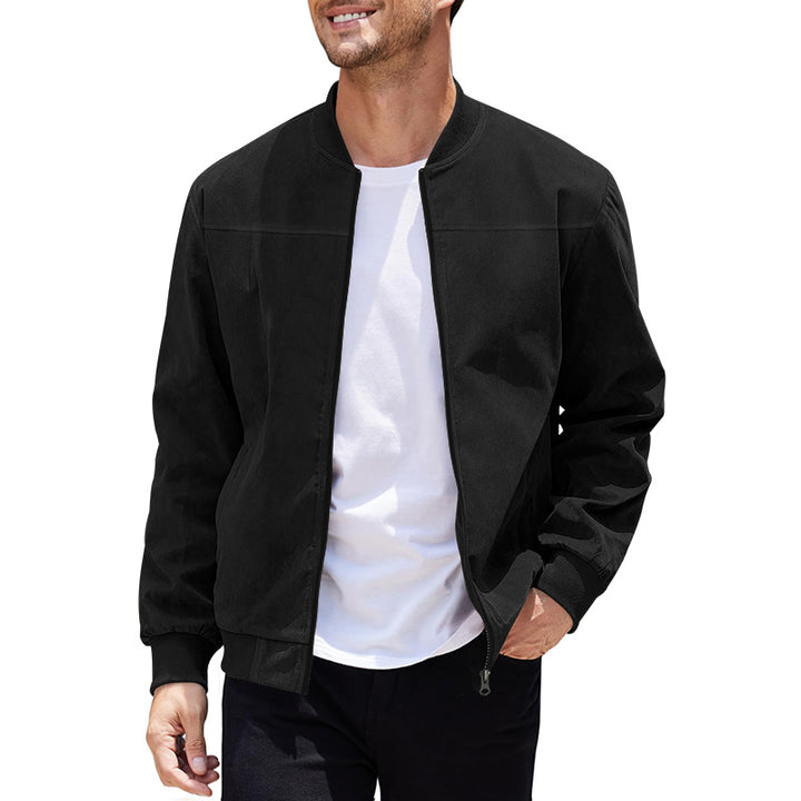 Men's faux suede bomber jacket with stand-up collar, ribbed cuffs, and concealed zipper Mune Fashion