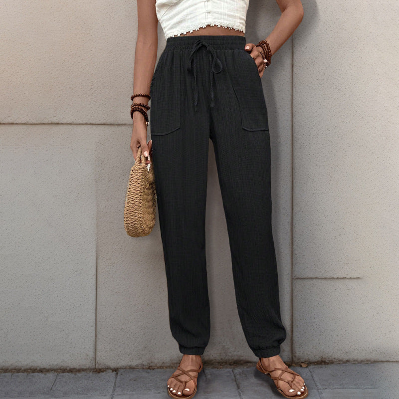 Women Loose Linen Look Jogger Pants with High Elastic Waistband, Drawstring, Patch Pockets & Elastic Cuffs Mune Fashion