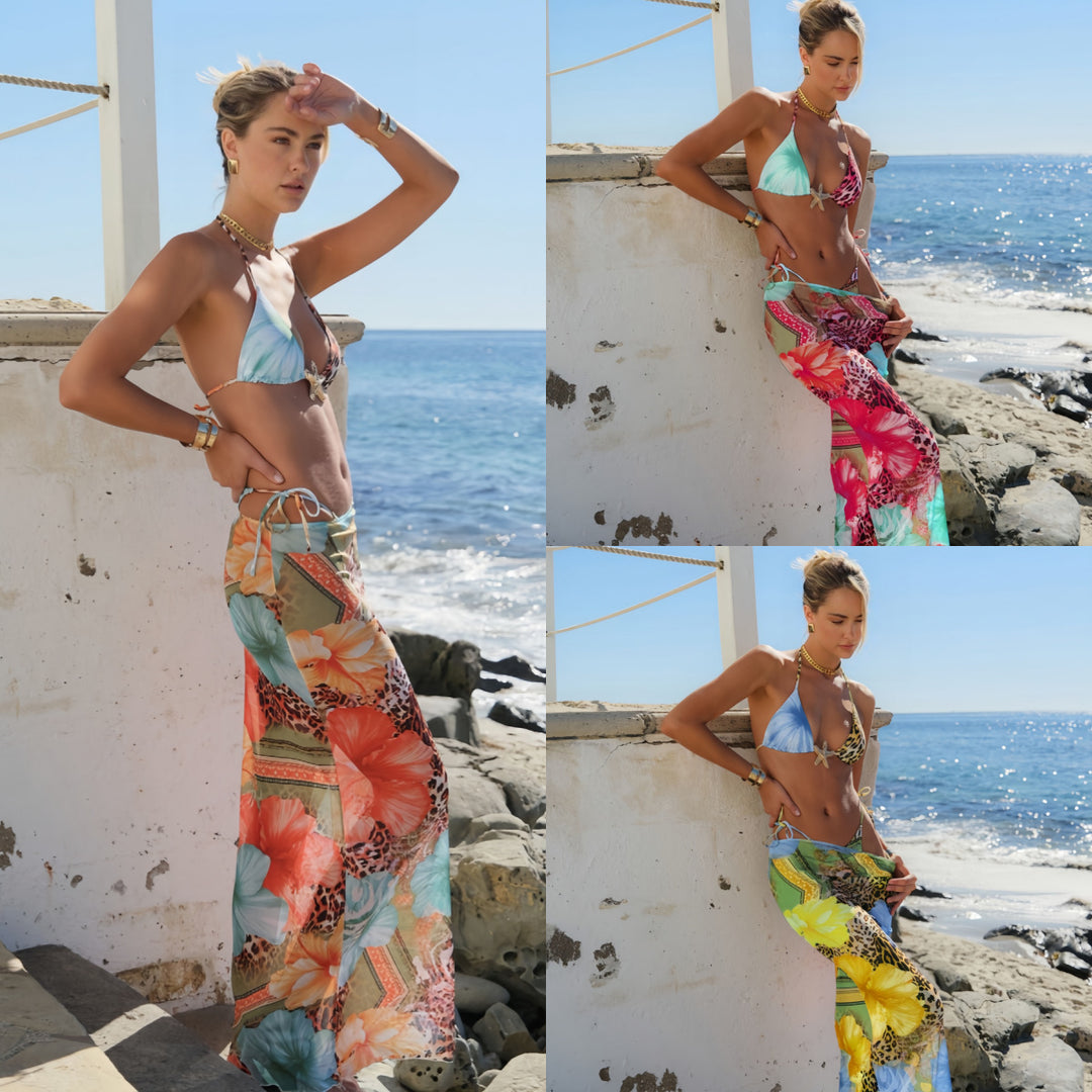 Ladies bikini set with colorful floral design and elegant cover-up Mune Fashion