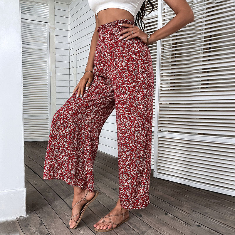 Women's wide high-cut palazzo pants with floral pattern and side leg slit Mune Fashion