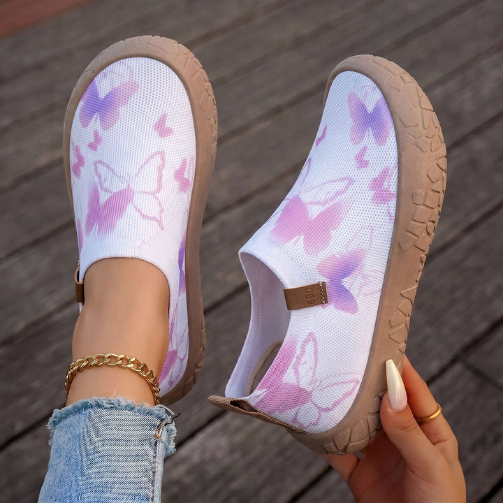 Women's breathable knit slippers with watercolor butterfly print and grippy outdoor sole Mune Fashion