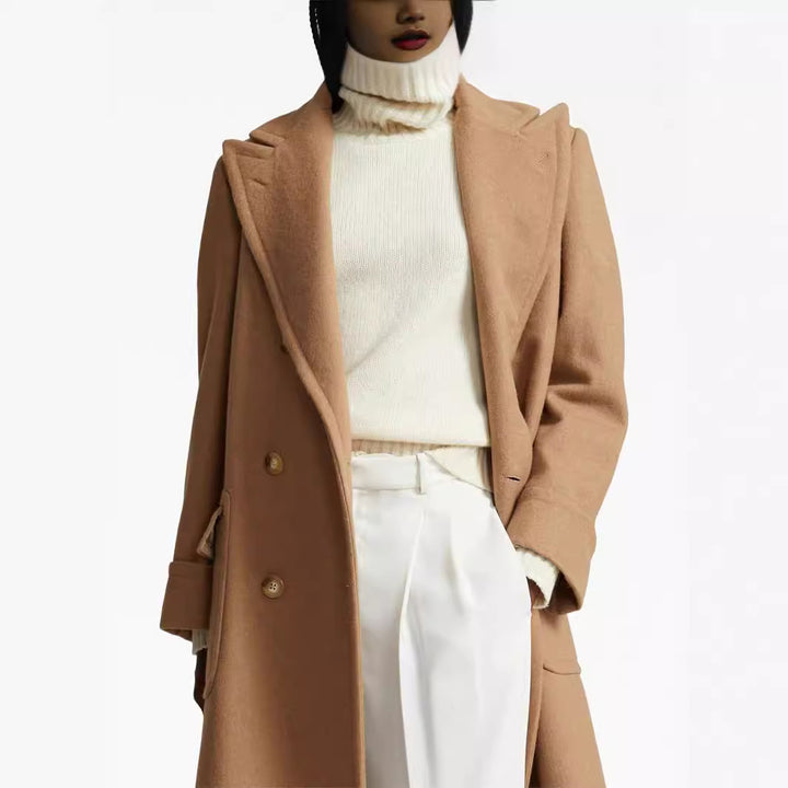 Women's longer double-breasted wool coat with wide cut and lapel collar Mune Fashion