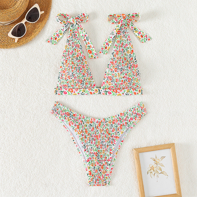 Women Triangle Bikini with Floral Print and Adjustable Ties Mune Fashion