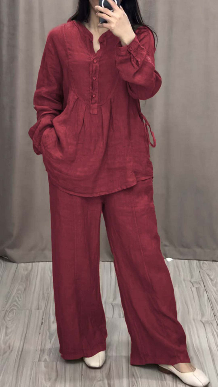 Ladies casual linen set tunic with wide leg, button placket and side pockets Mune Fashion