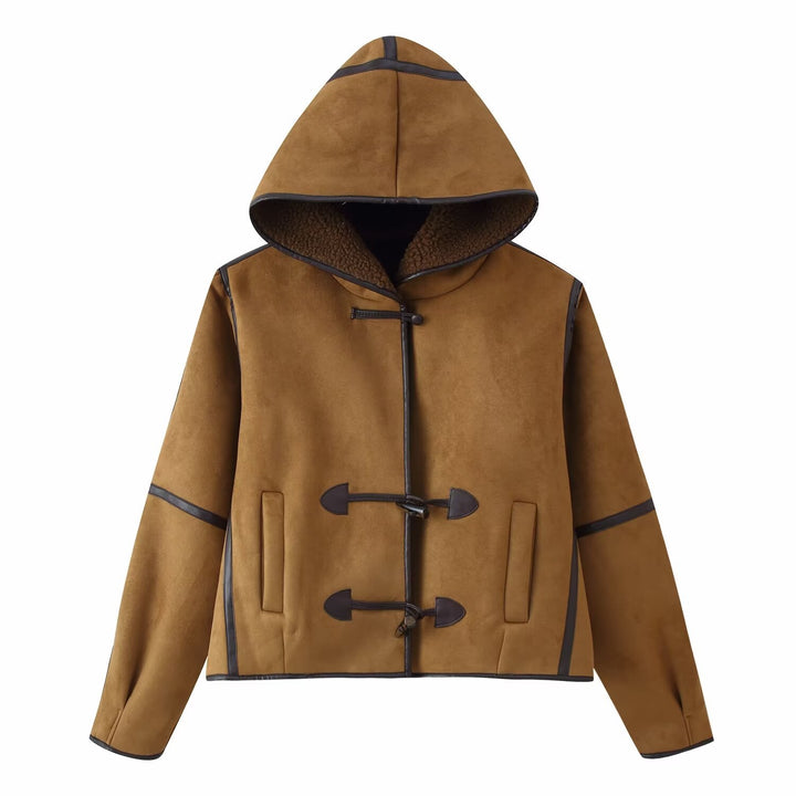 Women's Short Hooded Sheepskin Imitation Duffle Jacket with Toggle Fastenings Mune Fashion