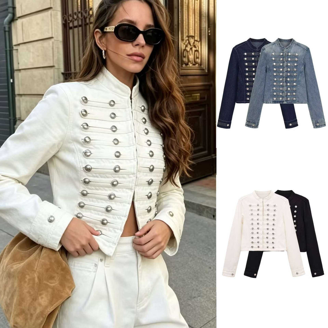 Women’s denim jacket in military style with row buttons and stand-up collar Mune Fashion