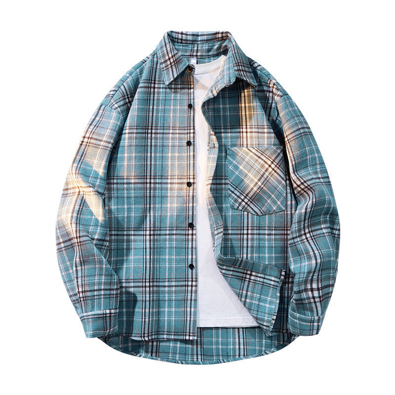 Men's checkered oversized flannel shirt with patch pocket, round hem, and buttoned front Mune Fashion