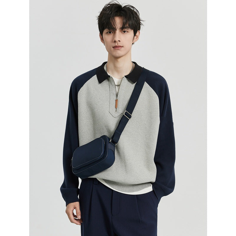 Men's Half-Zip Sweater with Polo Collar and Colorblock Sleeves Mune Fashion