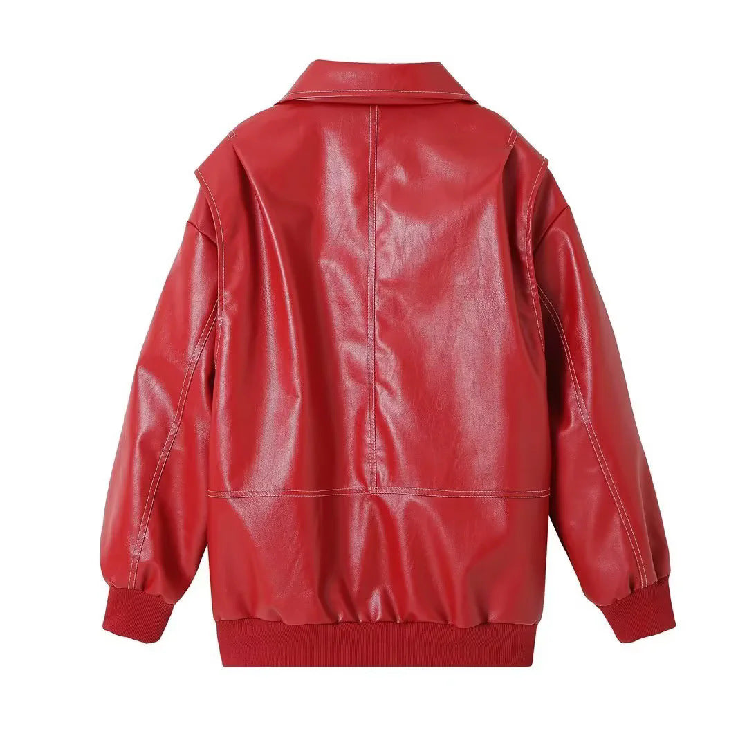 Women's fitted faux leather bomber jacket with contrast quilting and zipper Mune Fashion