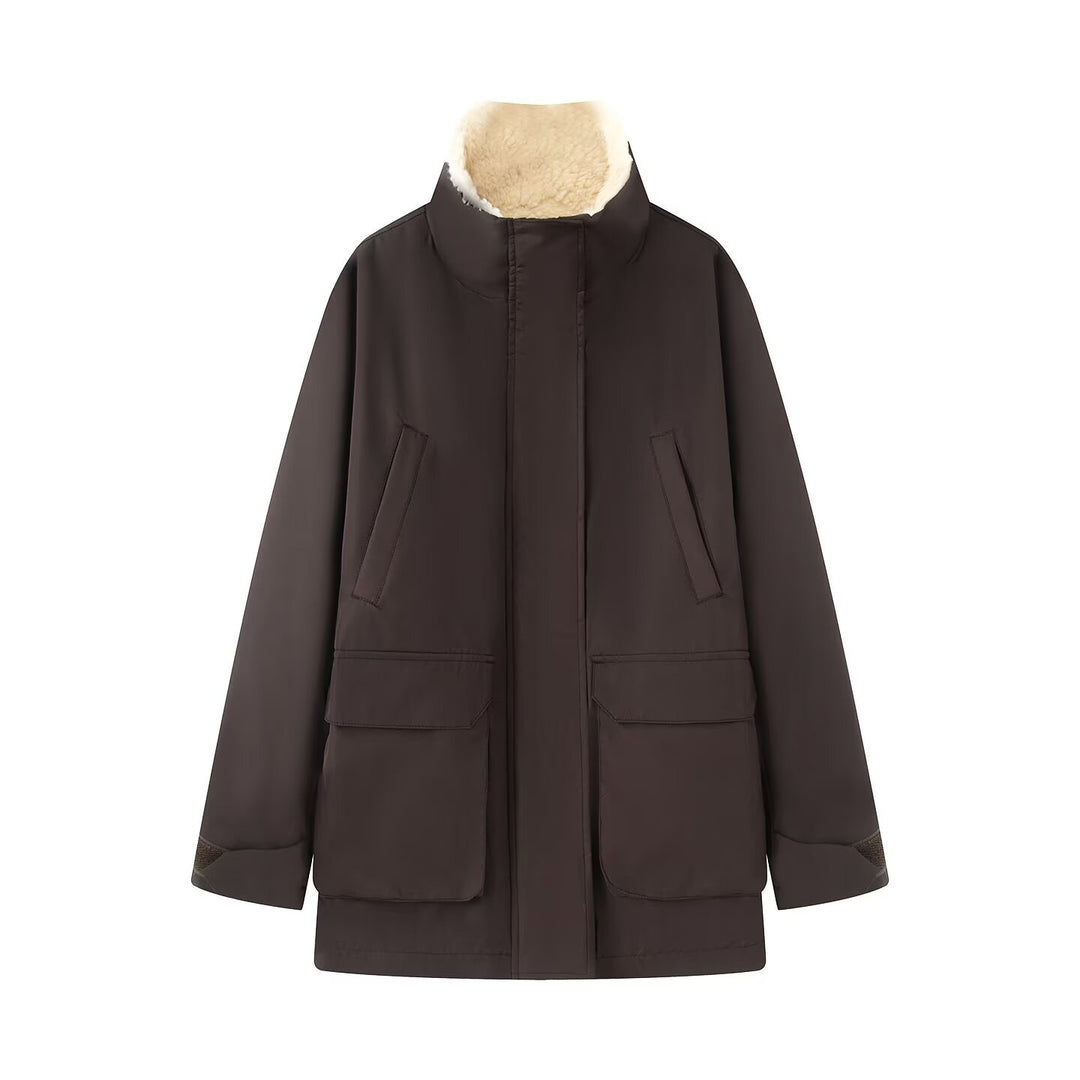 Women's Padded Parka Jacket with High Teddy Collar and Flap Pockets Mune Fashion