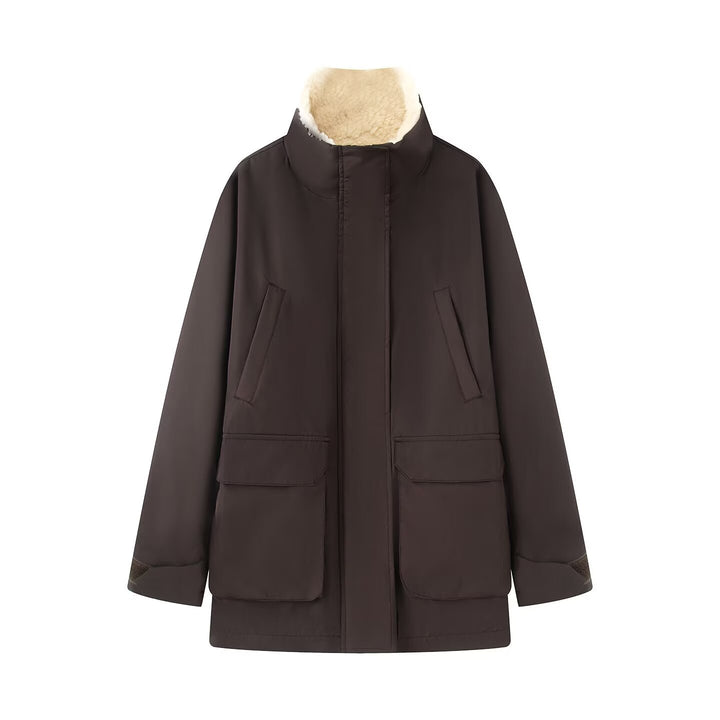 Women's Padded Parka Jacket with High Teddy Collar and Flap Pockets Mune Fashion