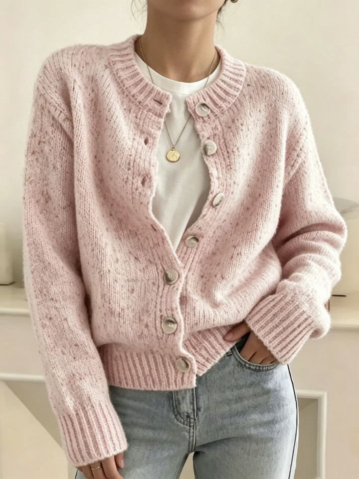 Women's chunky knit short cardigan with round neckline and marled tweed effect Mune Fashion