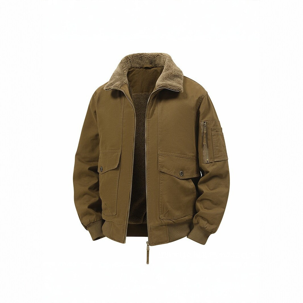 Men's Military Inspired Thermal Bomber Jacket with Teddy Lining, Arm Pocket and Snap Flap Pockets Mune Fashion