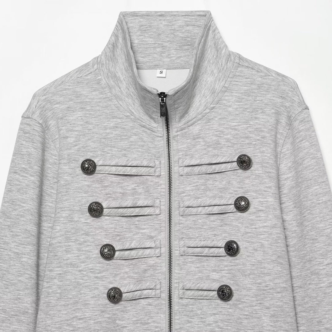 Women's Cropped Sweat Jacket with Stand-Up Collar and Military Decorative Button Rows Mune Fashion