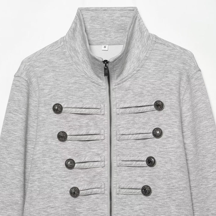 Women's Cropped Sweat Jacket with Stand-Up Collar and Military Decorative Button Rows Mune Fashion