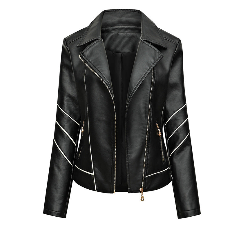 Women's biker jacket made of faux leather with asymmetric decorative seams and tailored fit Mune Fashion