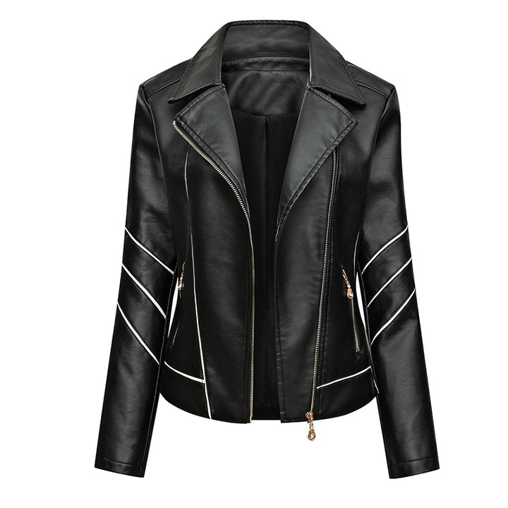 Women's biker jacket made of faux leather with asymmetric decorative seams and tailored fit Mune Fashion