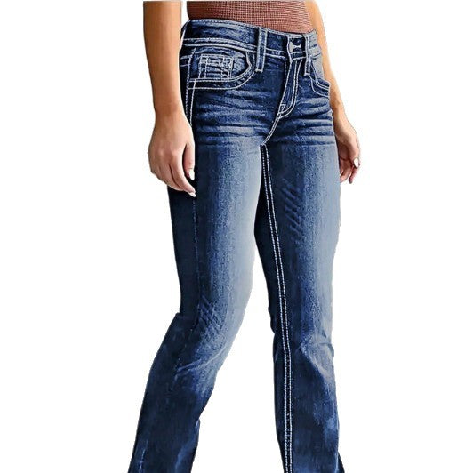 Women's Bootcut Jeans with contrasting decorative seams and sculpting stretchy waistband Mune Fashion