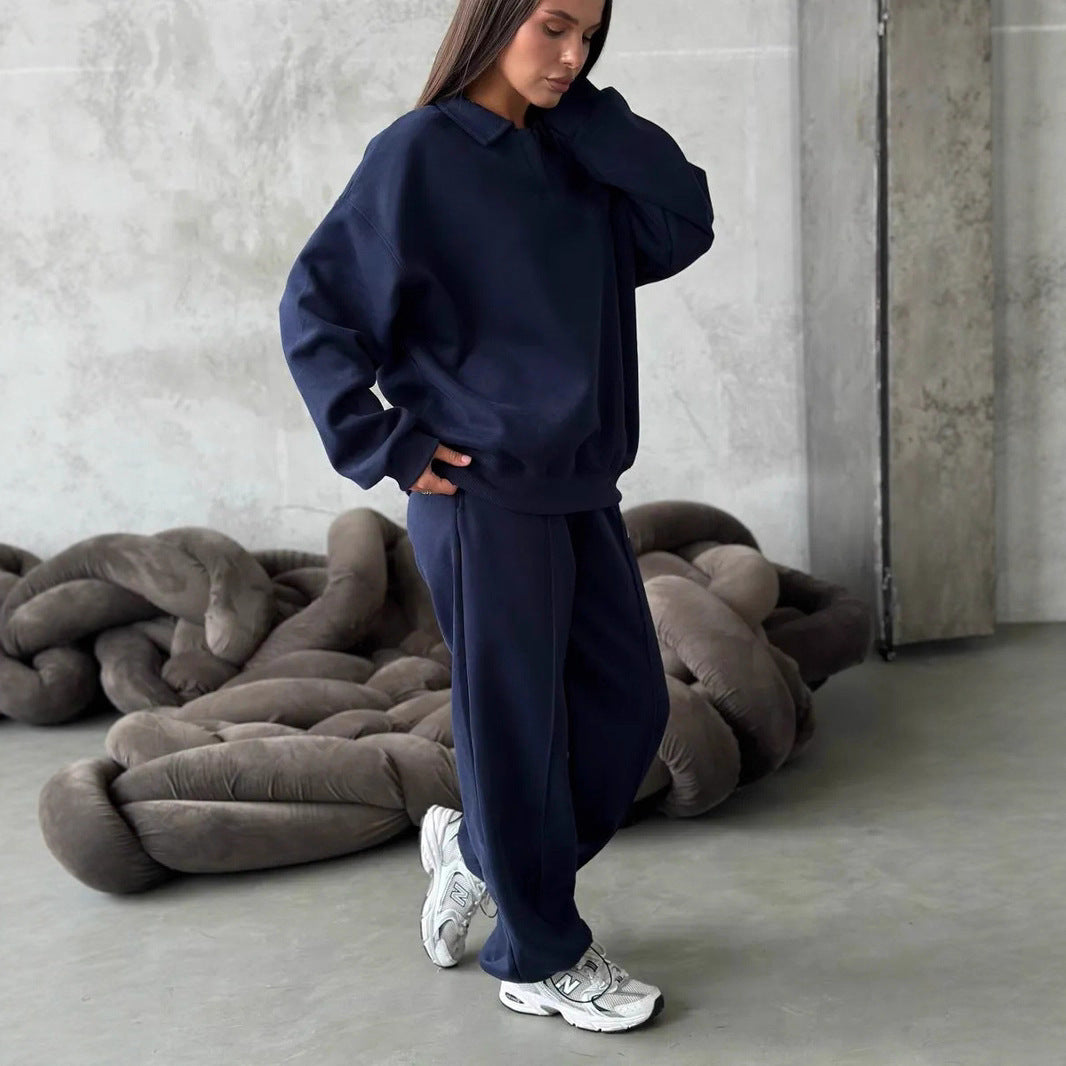 Women's Relaxed Polo Sweatshirt with V-Notch and Gathered Drawstring Jogging Pants Mune Fashion