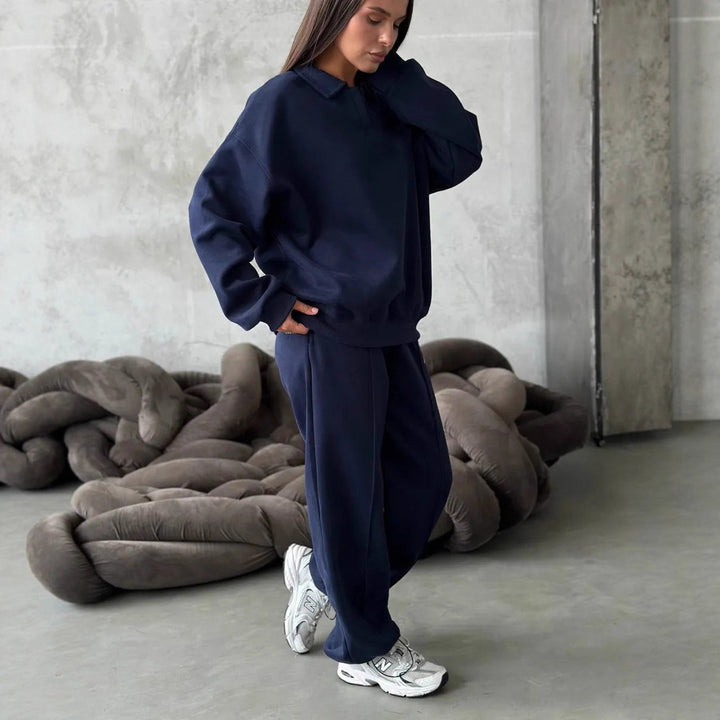 Women's Relaxed Polo Sweatshirt with V-Notch and Gathered Drawstring Jogging Pants Mune Fashion
