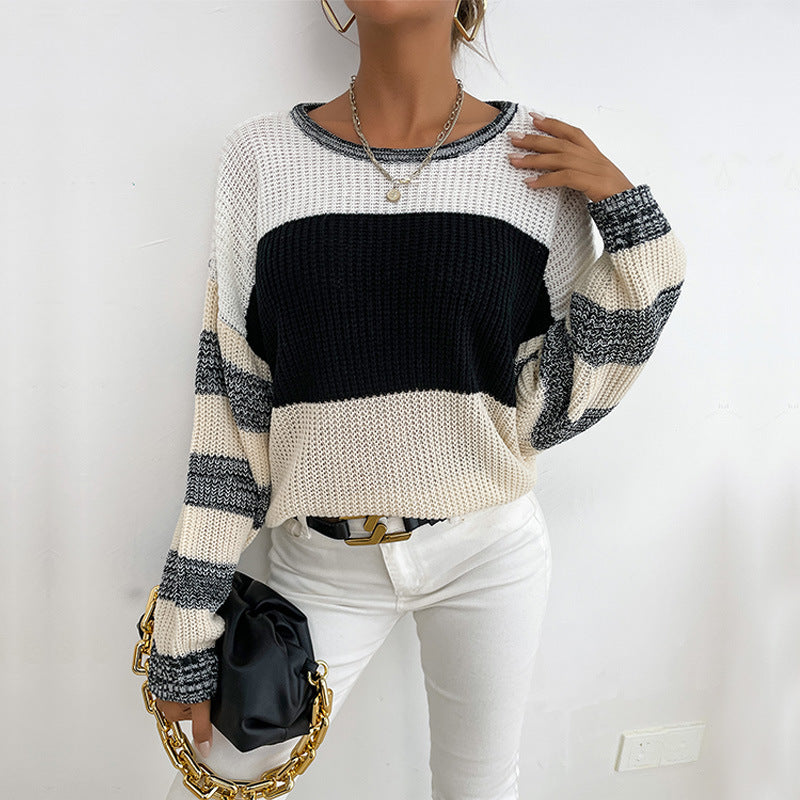 Women’s Oversize Knit Sweater with coarse ribbed knit, block stripes and wide round neckline Mune Fashion
