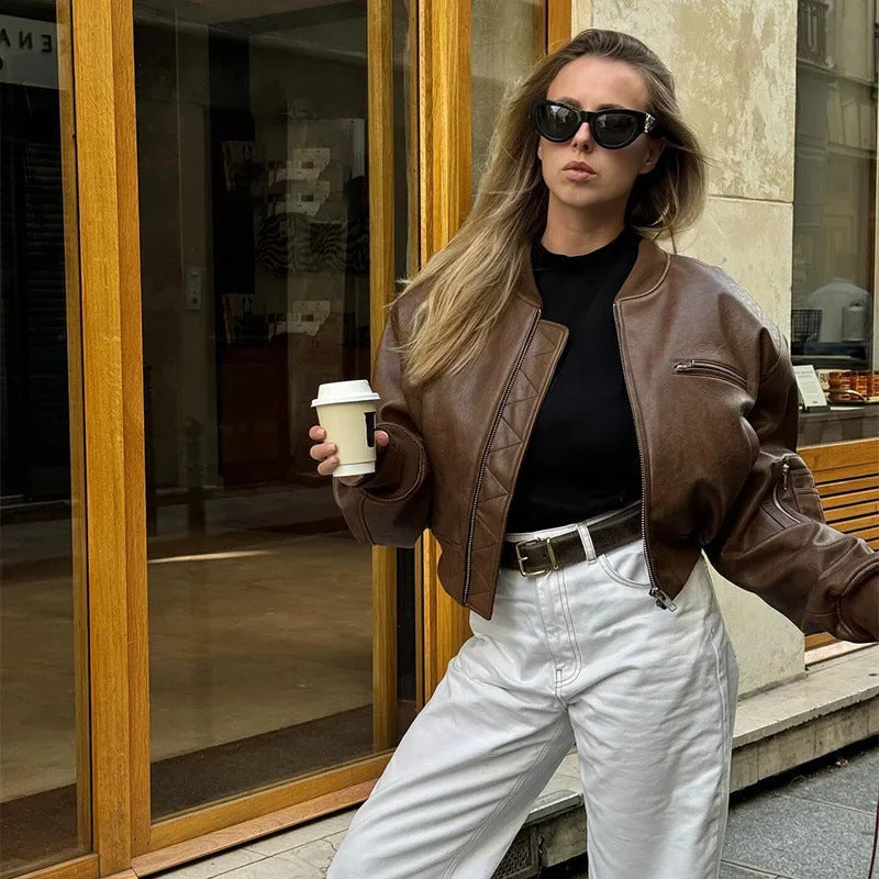 Women's Casual Bomber Jacket Made Of High-Quality Faux Leather Mune